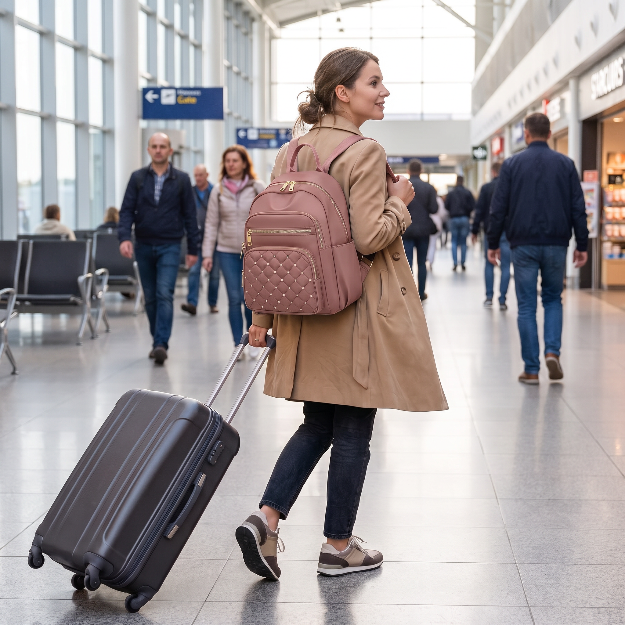 Pink multi-purpose travel backpack worn walking through an airport