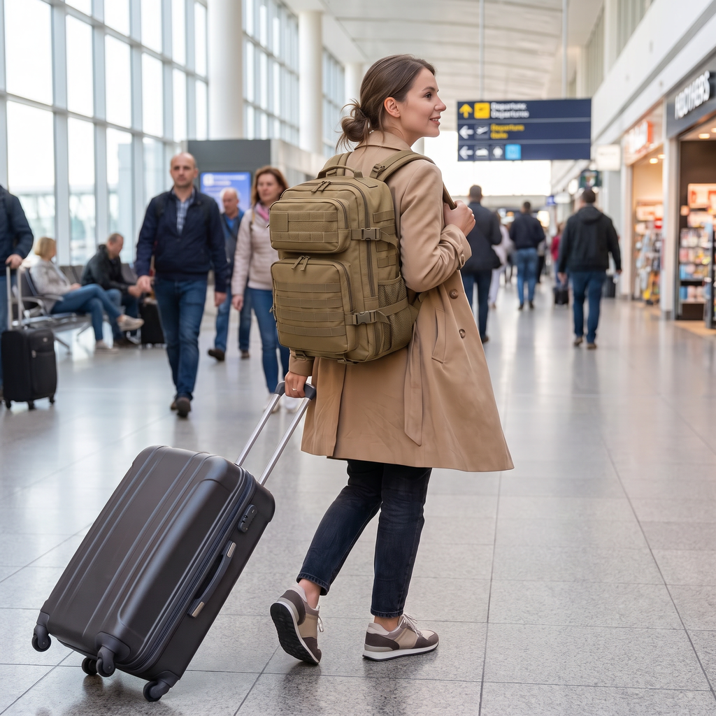 Khaki multi-purpose travel backpack worn walking through an airport