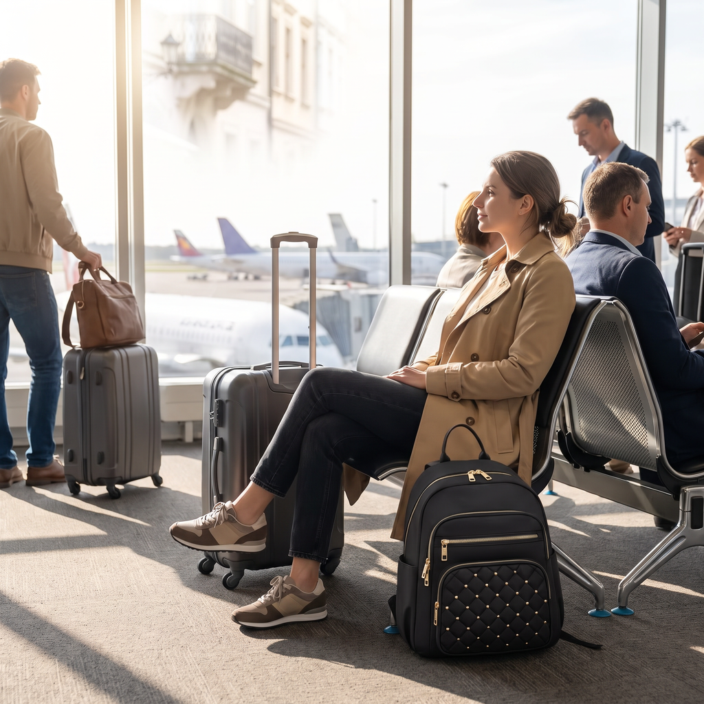 Black multi-purpose travel backpack at a boarding gate