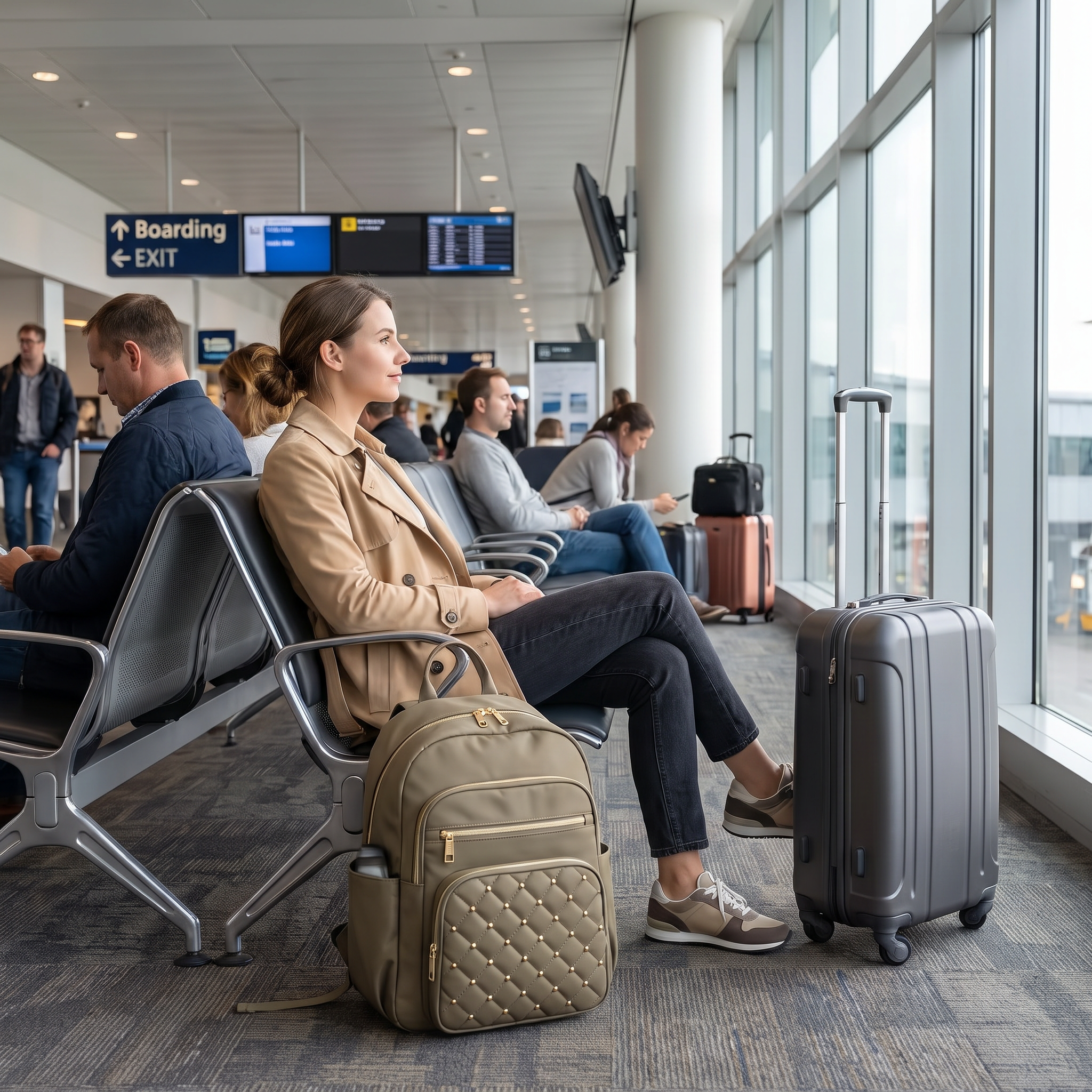 Khaki multi-purpose travel backpack at a boarding gate