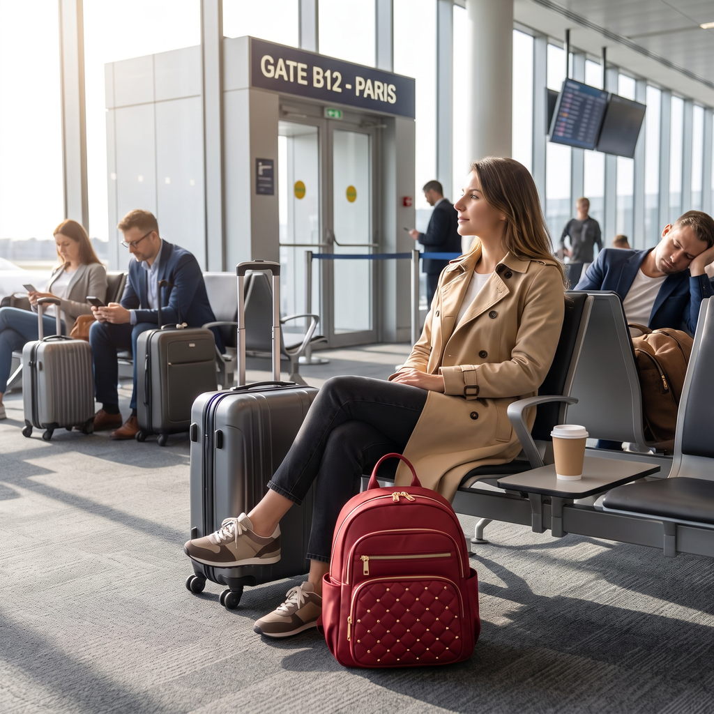 Red multi-purpose travel backpack at a boarding gate