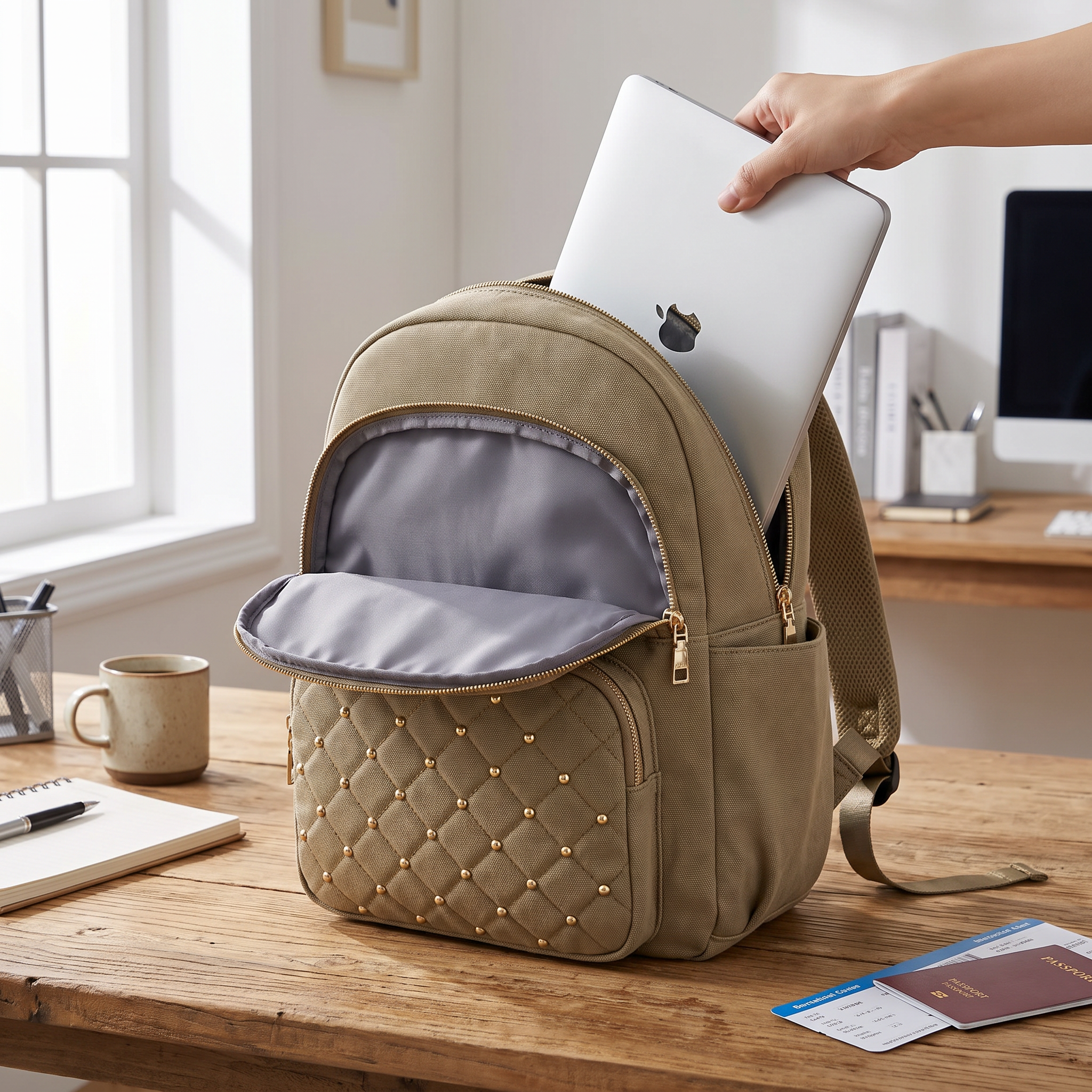 Khaki travel laptop backpack with laptop on desk