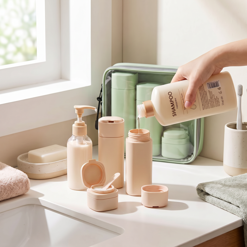Beige 4-in-1 travel bottle set on bathroom counter