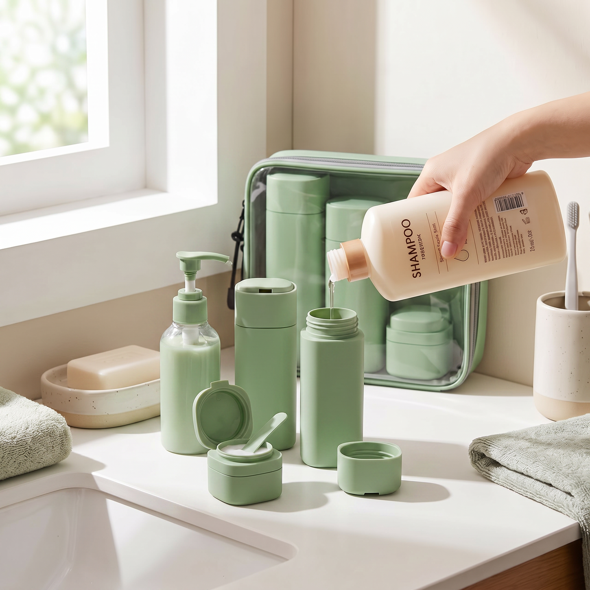 Green 4-in-1 travel bottle set on bathroom counter