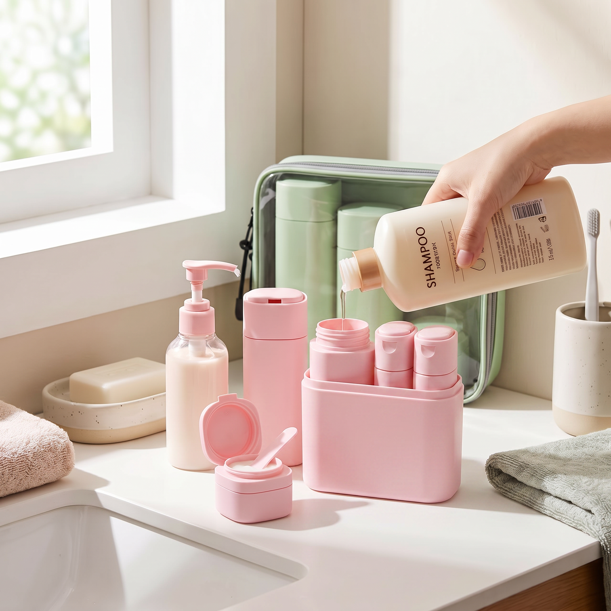 Pink 4-in-1 travel bottle set on bathroom counter