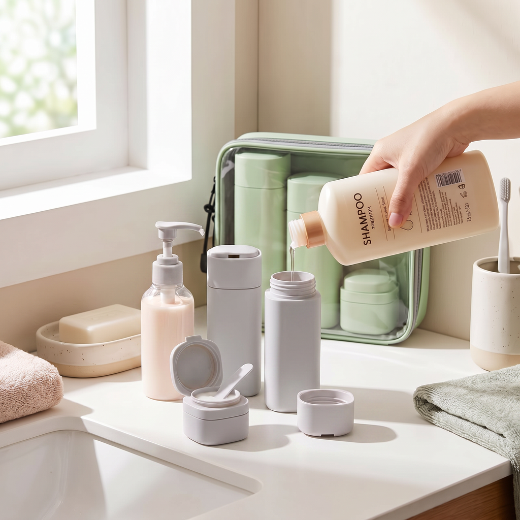 Grey 4-in-1 travel bottle set on bathroom counter