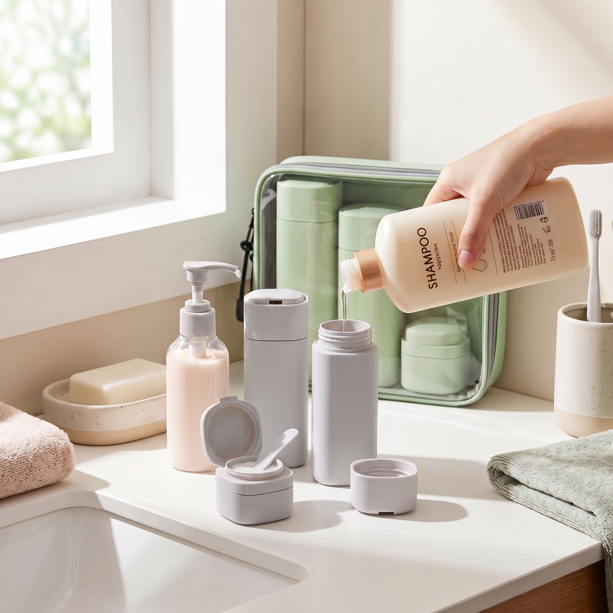 Grey 4-in-1 travel bottle set on bathroom counter
