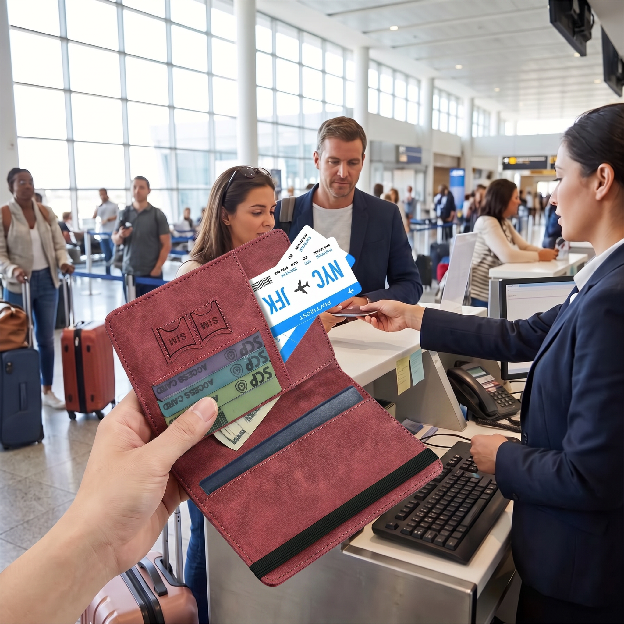 Red travel passport wallet held at check-in