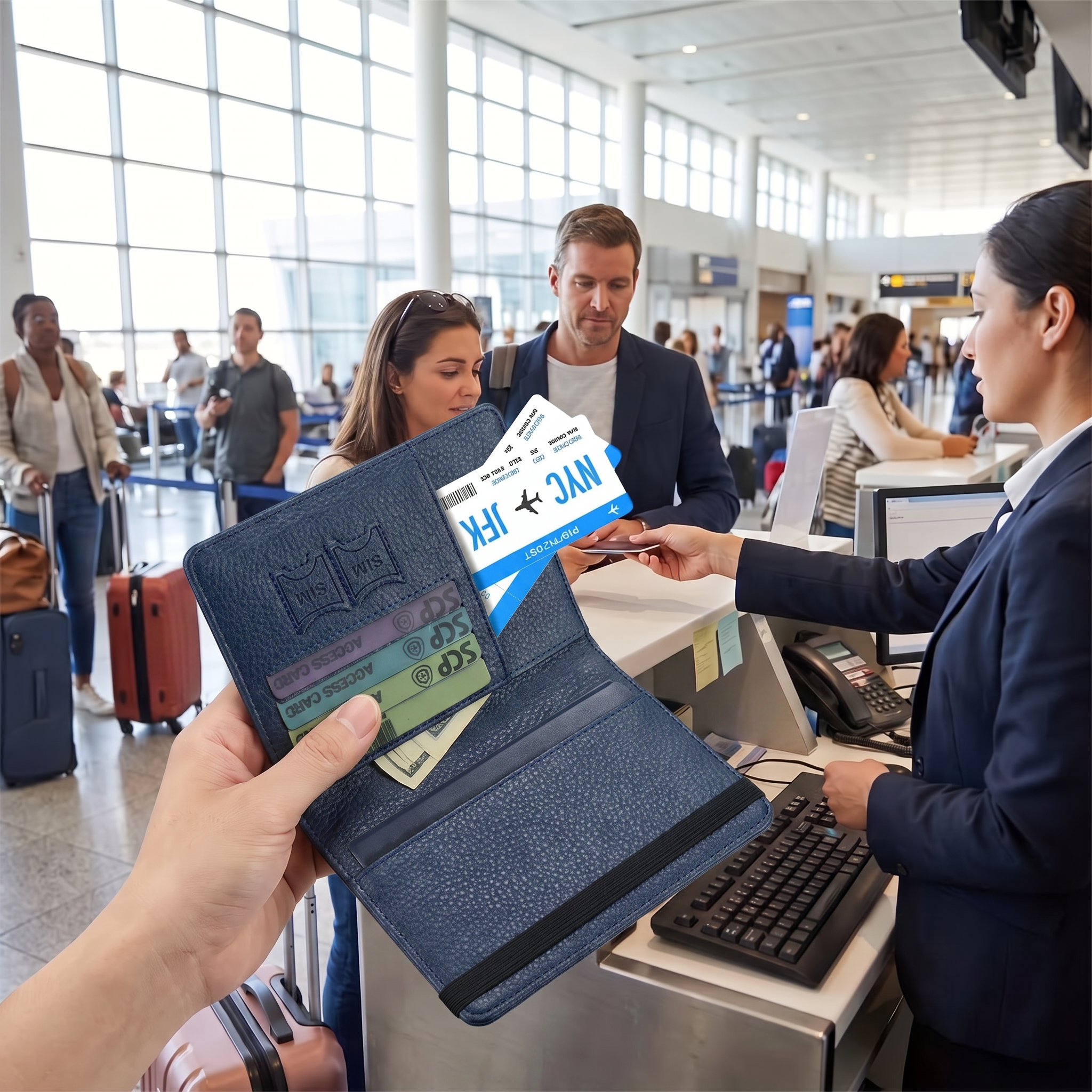 Dark blue travel passport wallet held at check-in