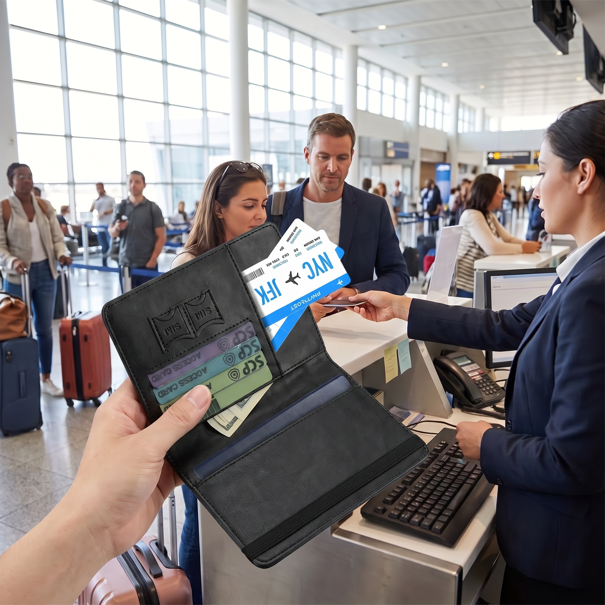 Black travel passport wallet held at check-in