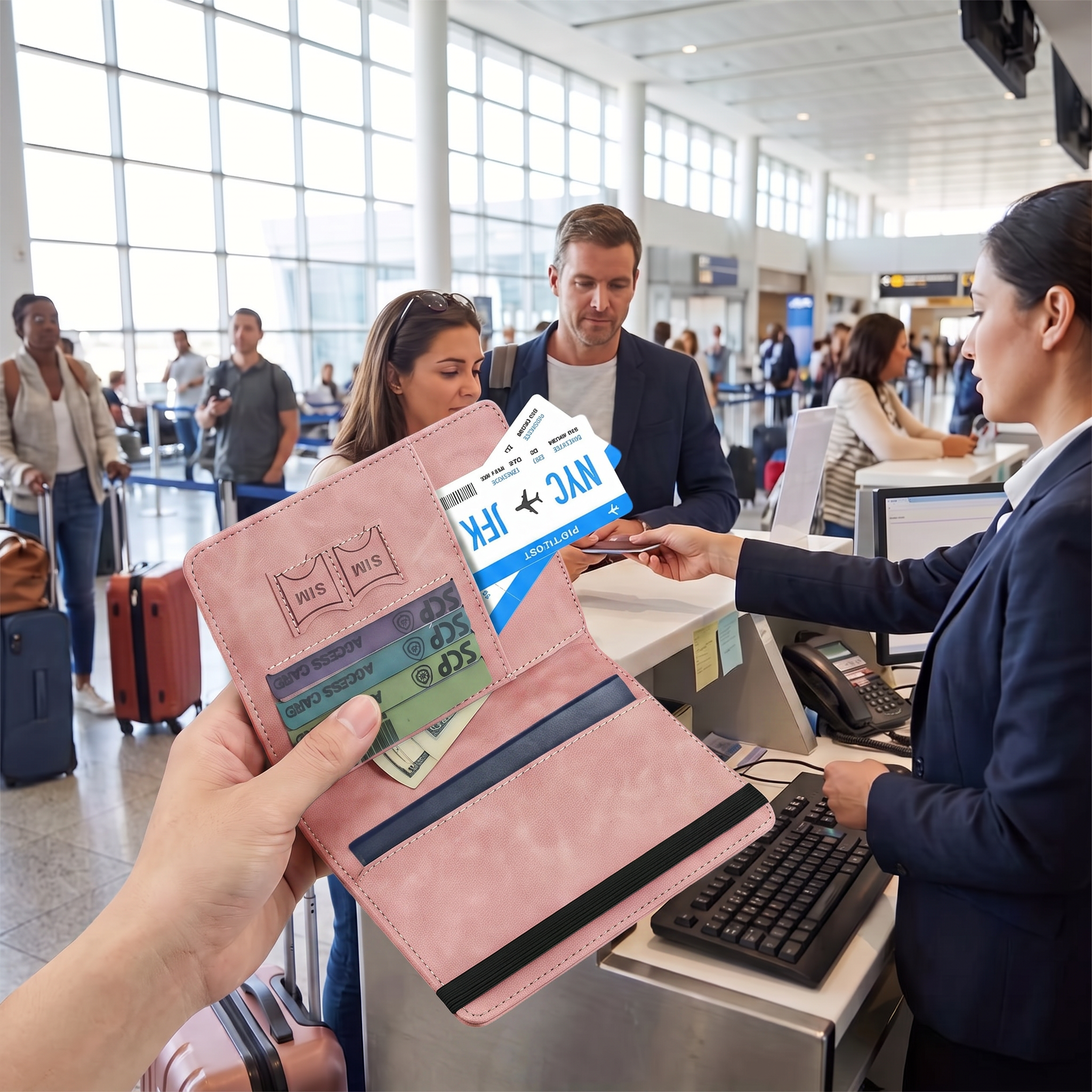 Pink travel passport wallet held at check-in