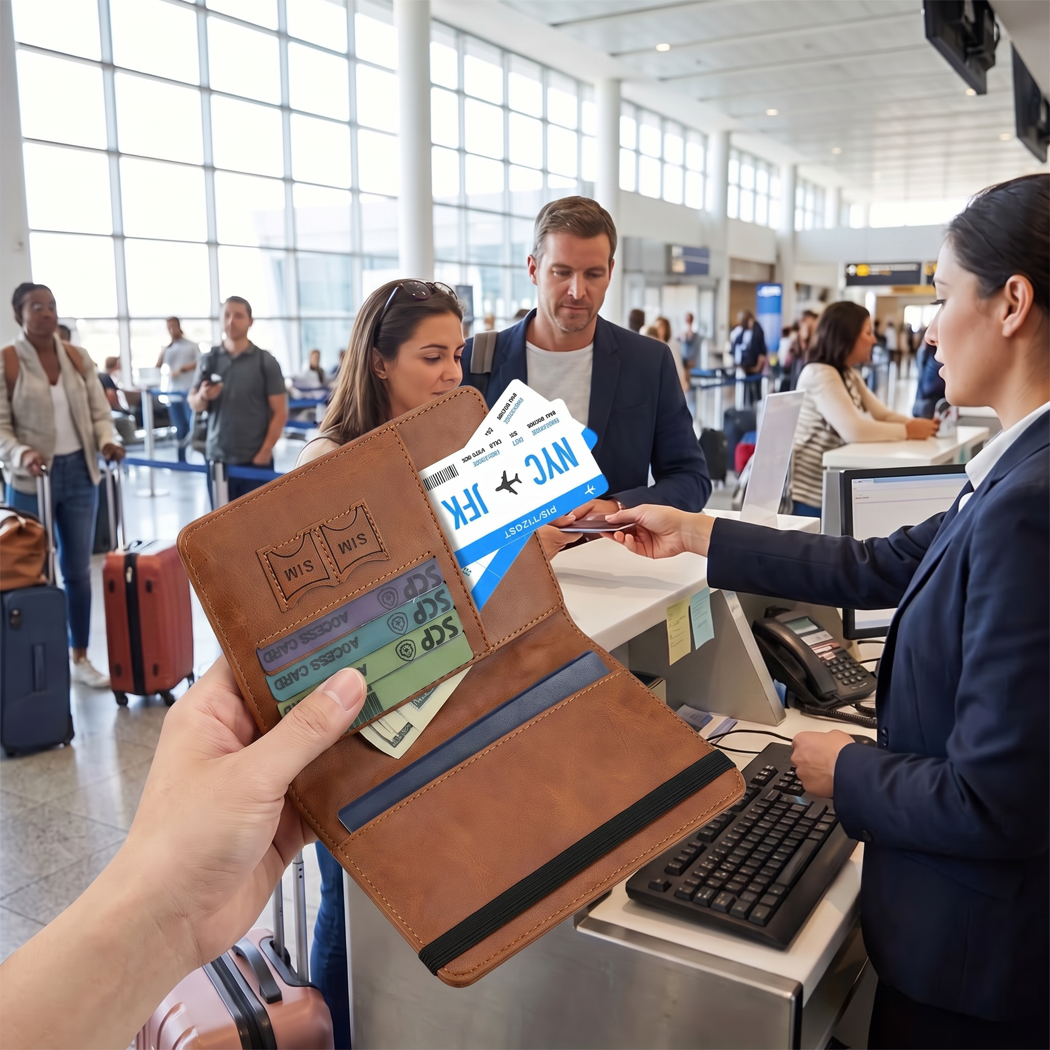 Brown travel passport wallet held at check-in