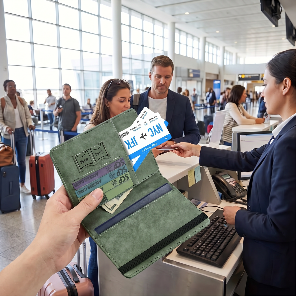 Green travel passport wallet held at check-in
