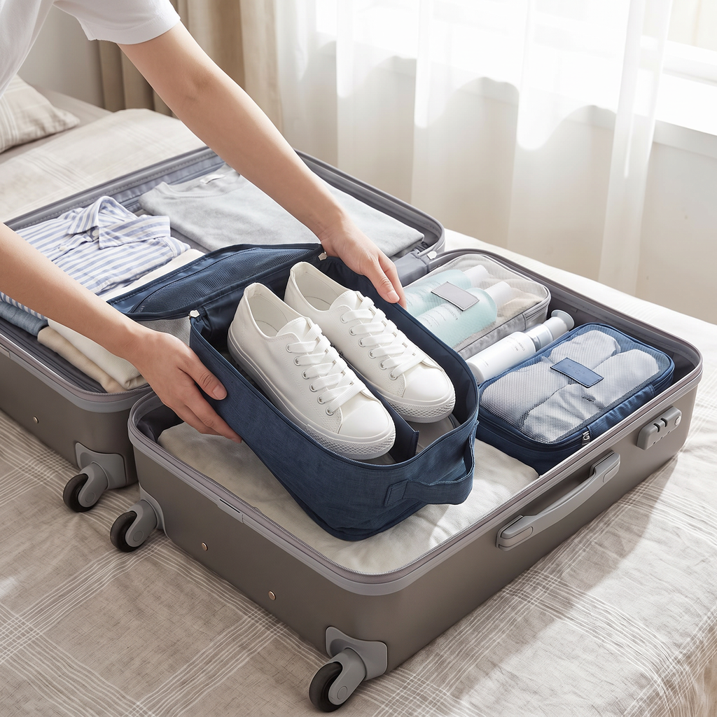 Blue travel shoe storage bag with sneakers