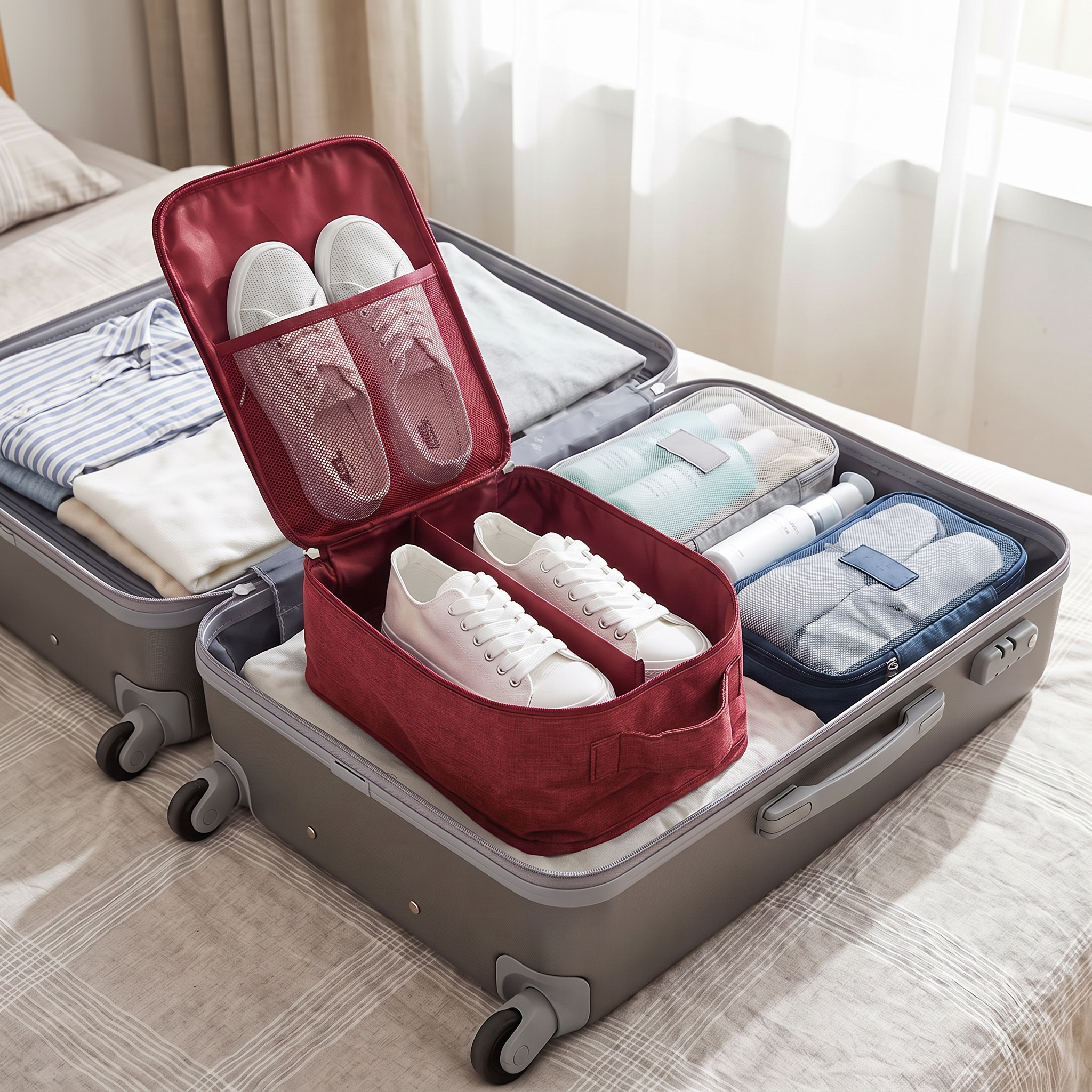 Red travel shoe storage bag with sneakers