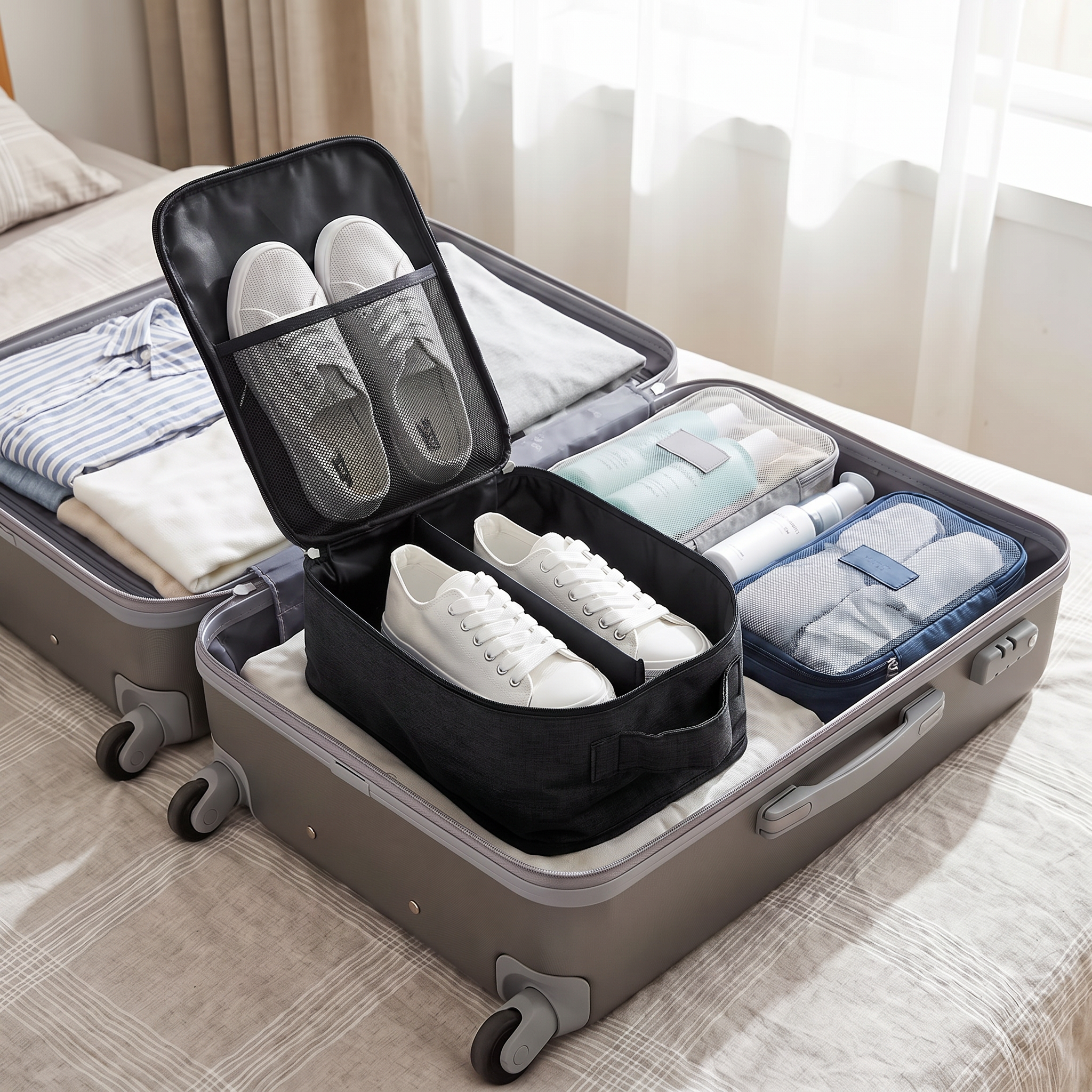 Black travel shoe storage bag with sneakers