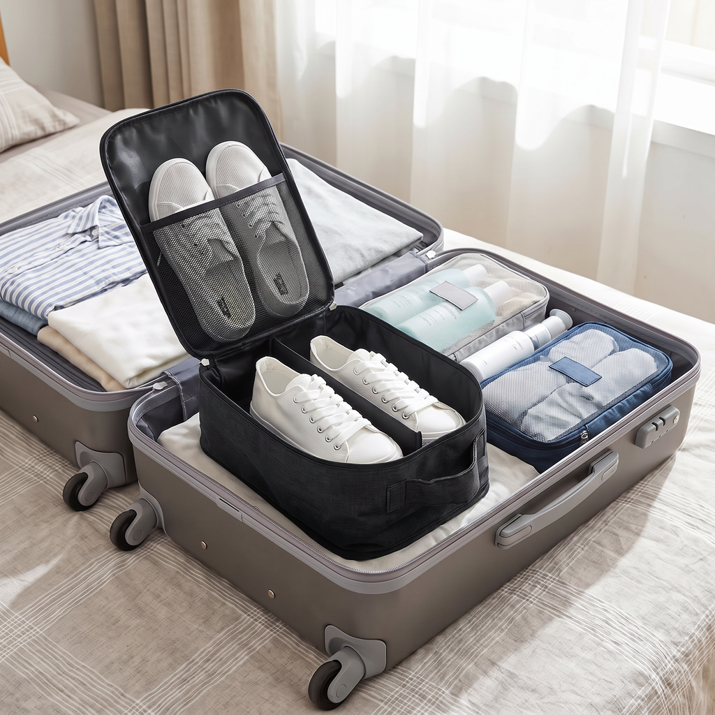 Black double-layer travel shoe storage bag with sneakers