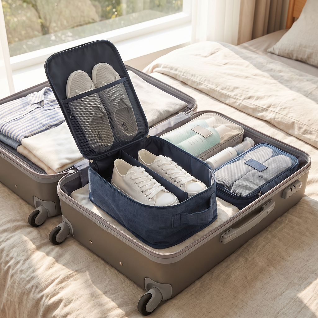 Blue double-layer travel shoe storage bag with sneakers