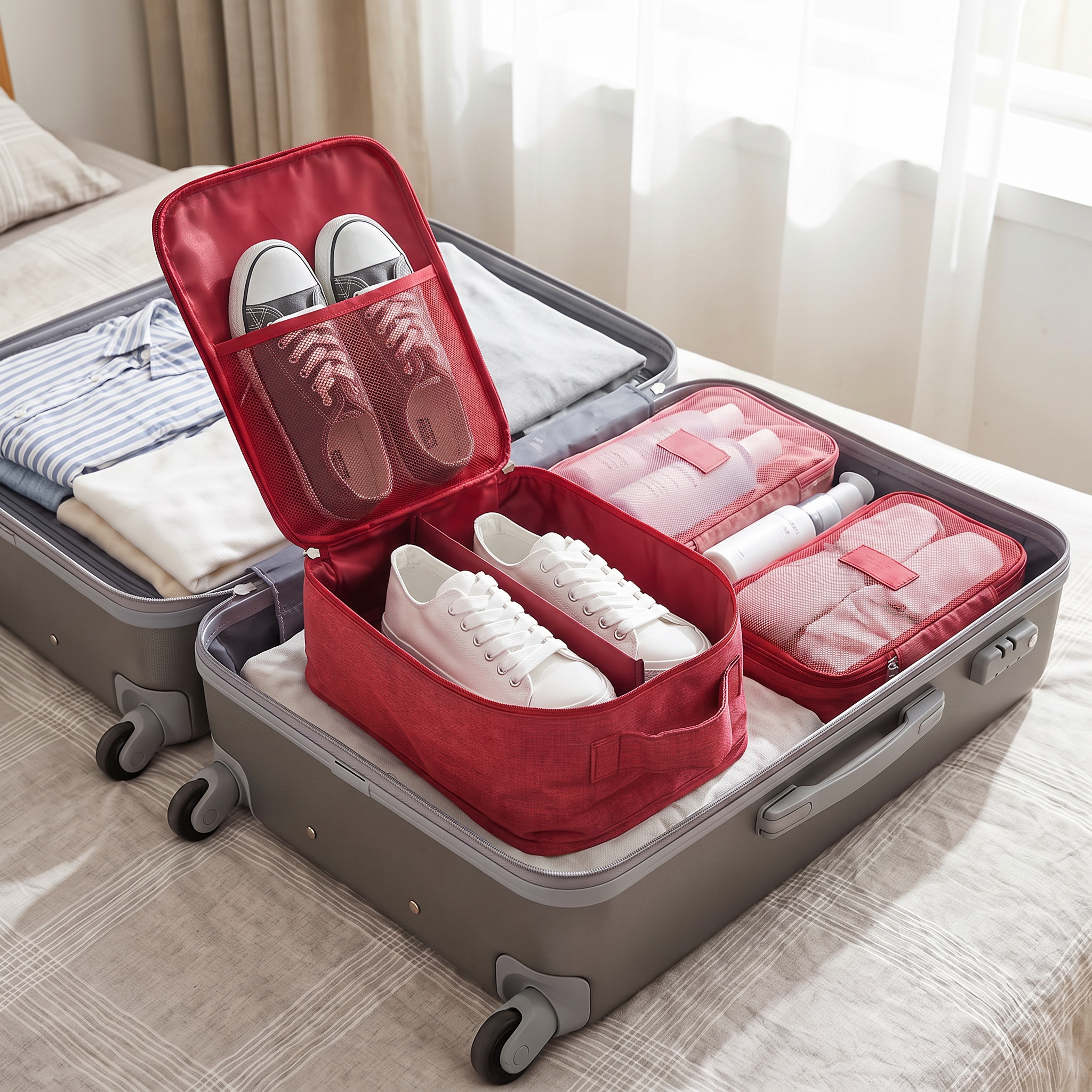 Red double-layer travel shoe storage bag with sneakers
