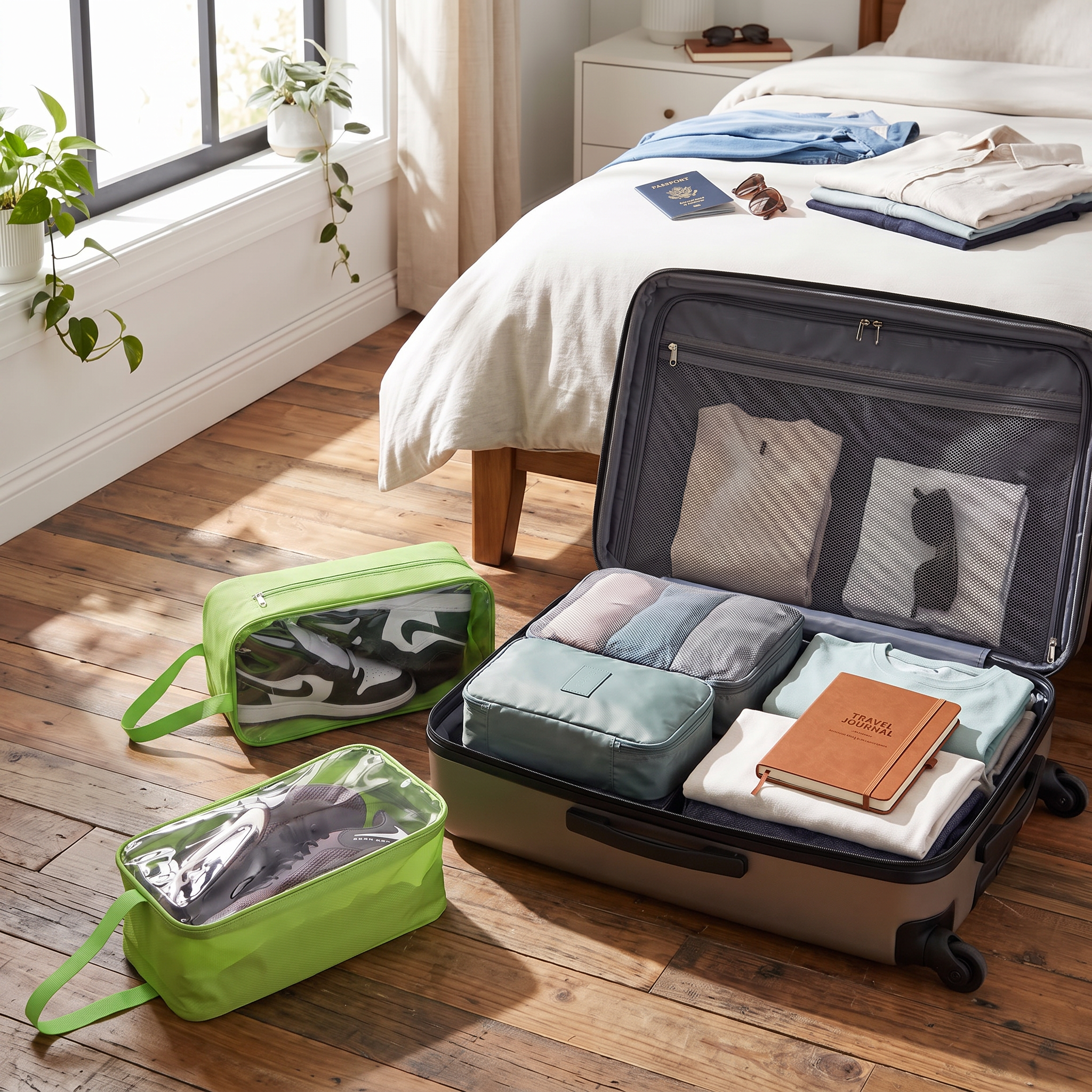 Green travel shoe bag next to open suitcase