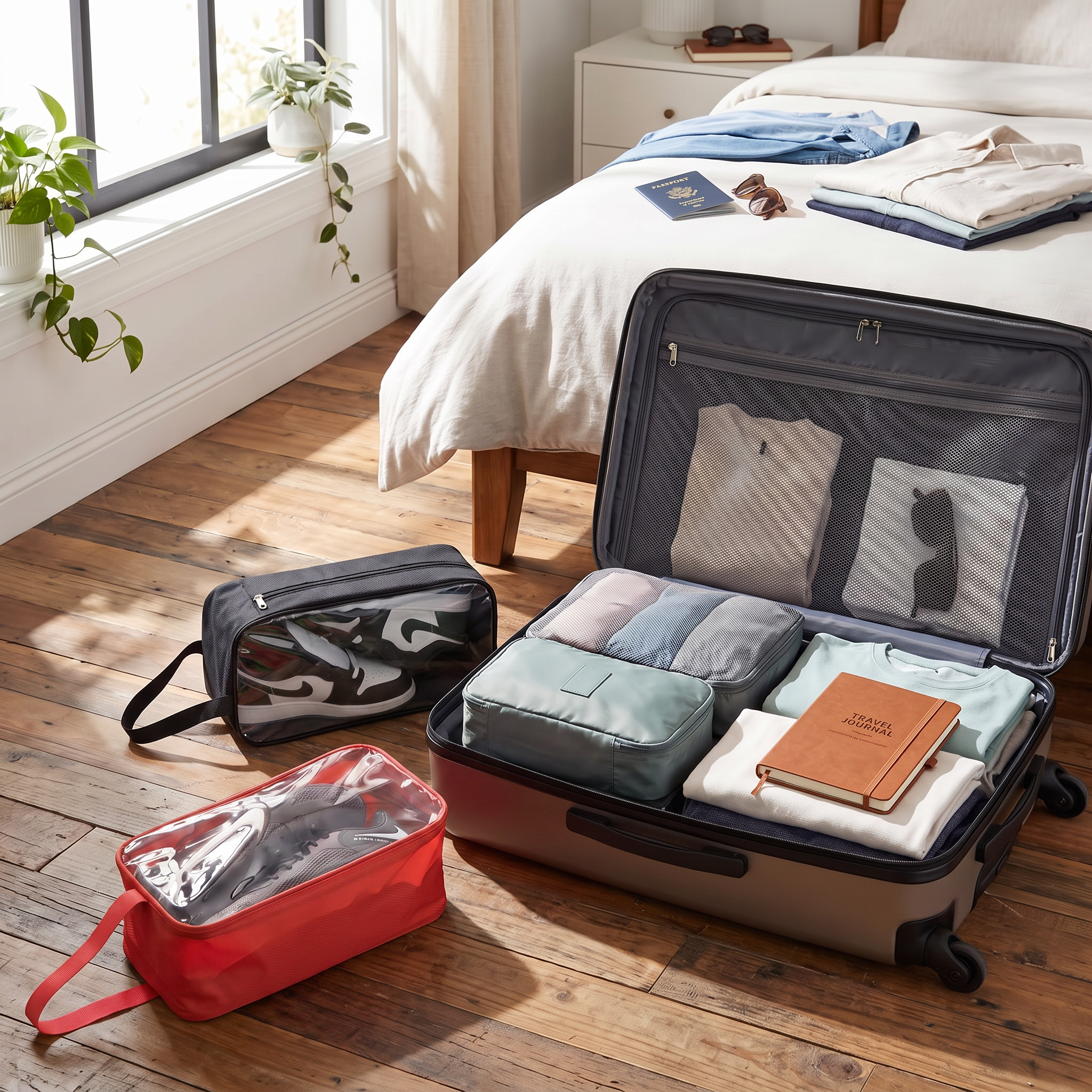 Red travel shoe bag next to open suitcase