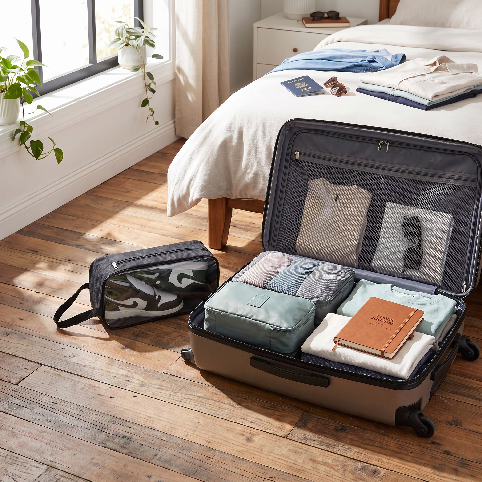 Black travel shoe bag next to open suitcase