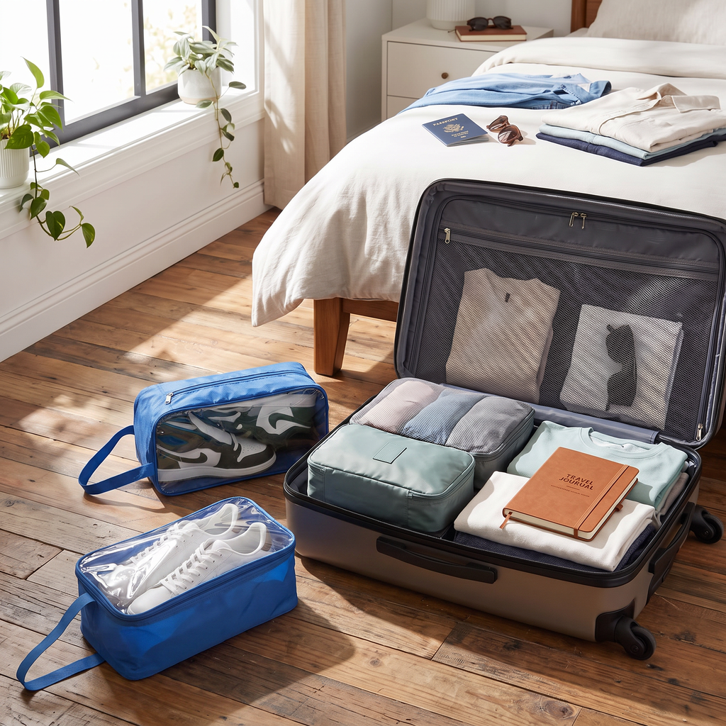 Blue travel shoe bag next to open suitcase