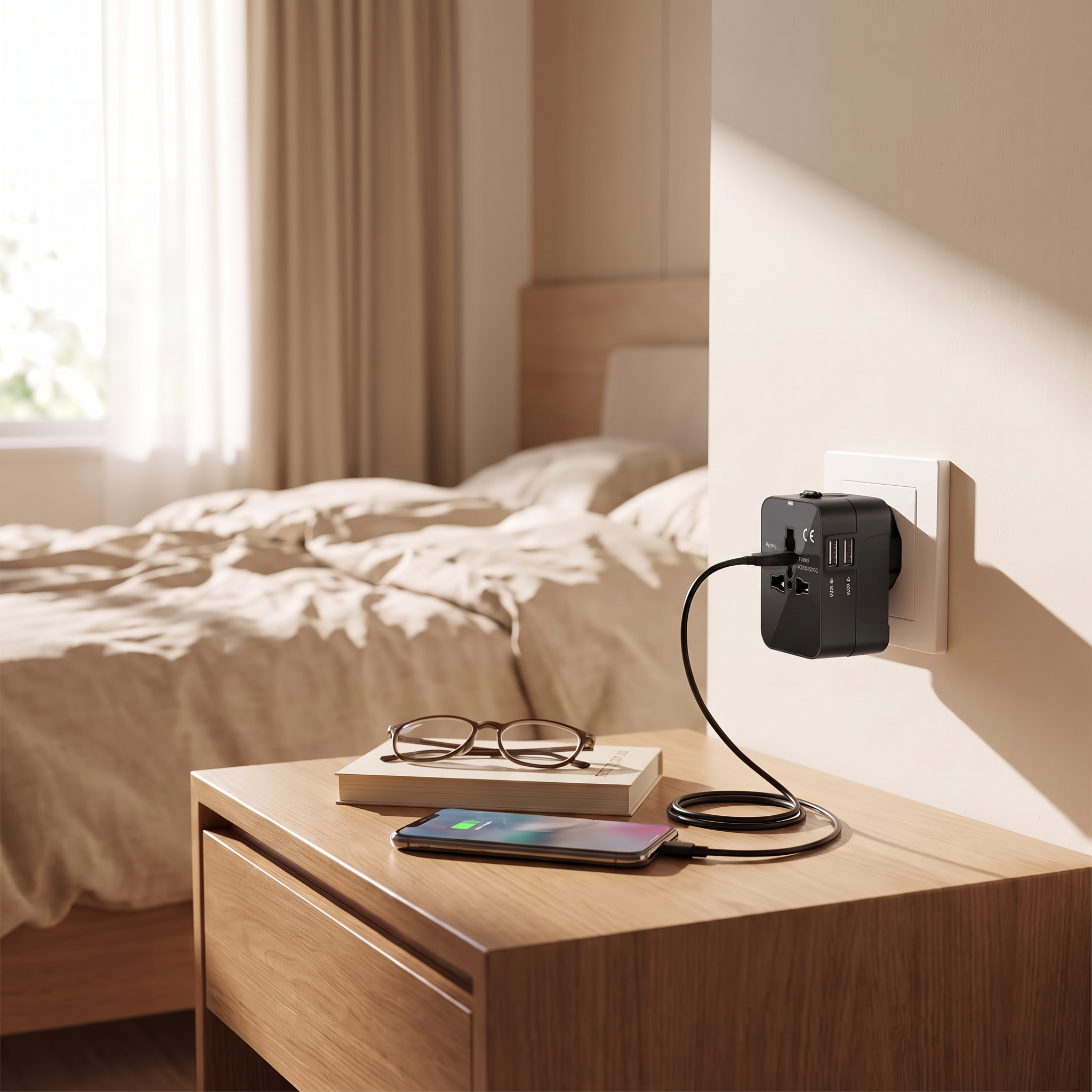 Travel power adapter with Type C USB port plugged in