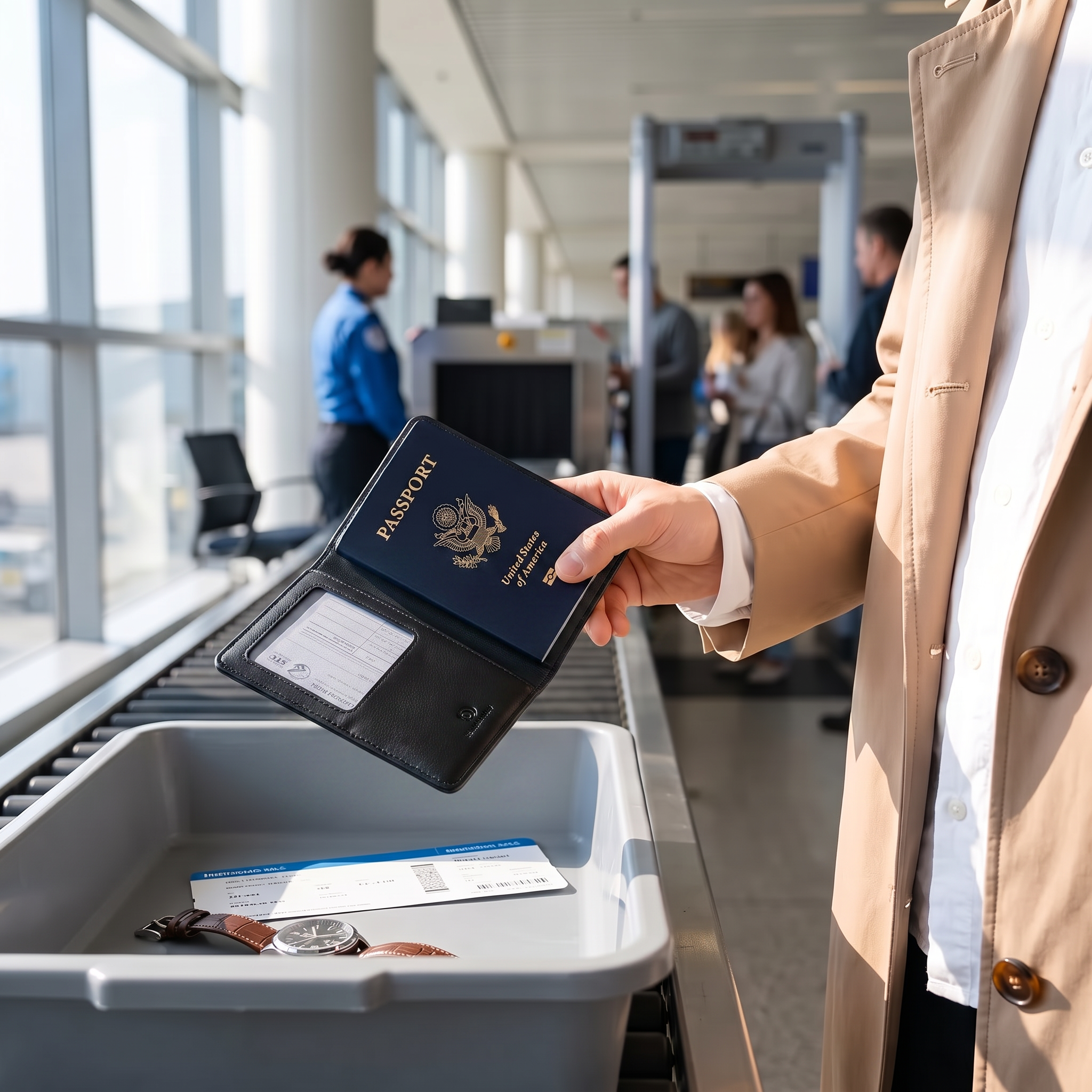 Black RFID passport holder held with passport