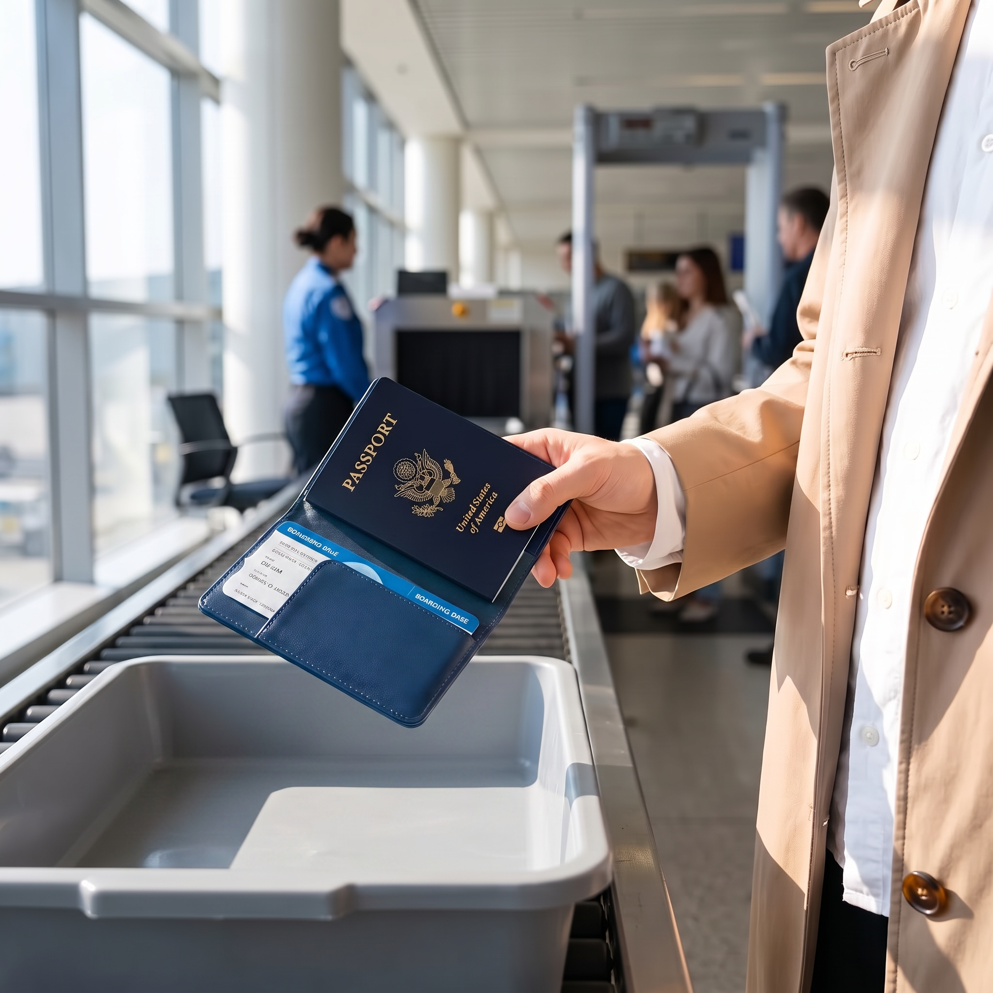 Deep blue RFID passport holder held with passport