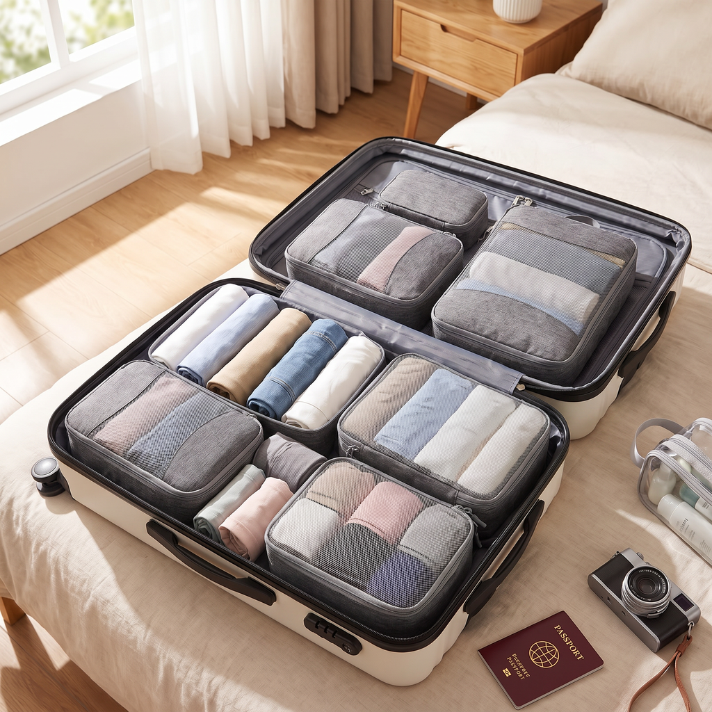 4-piece grey compression packing cubes set packed