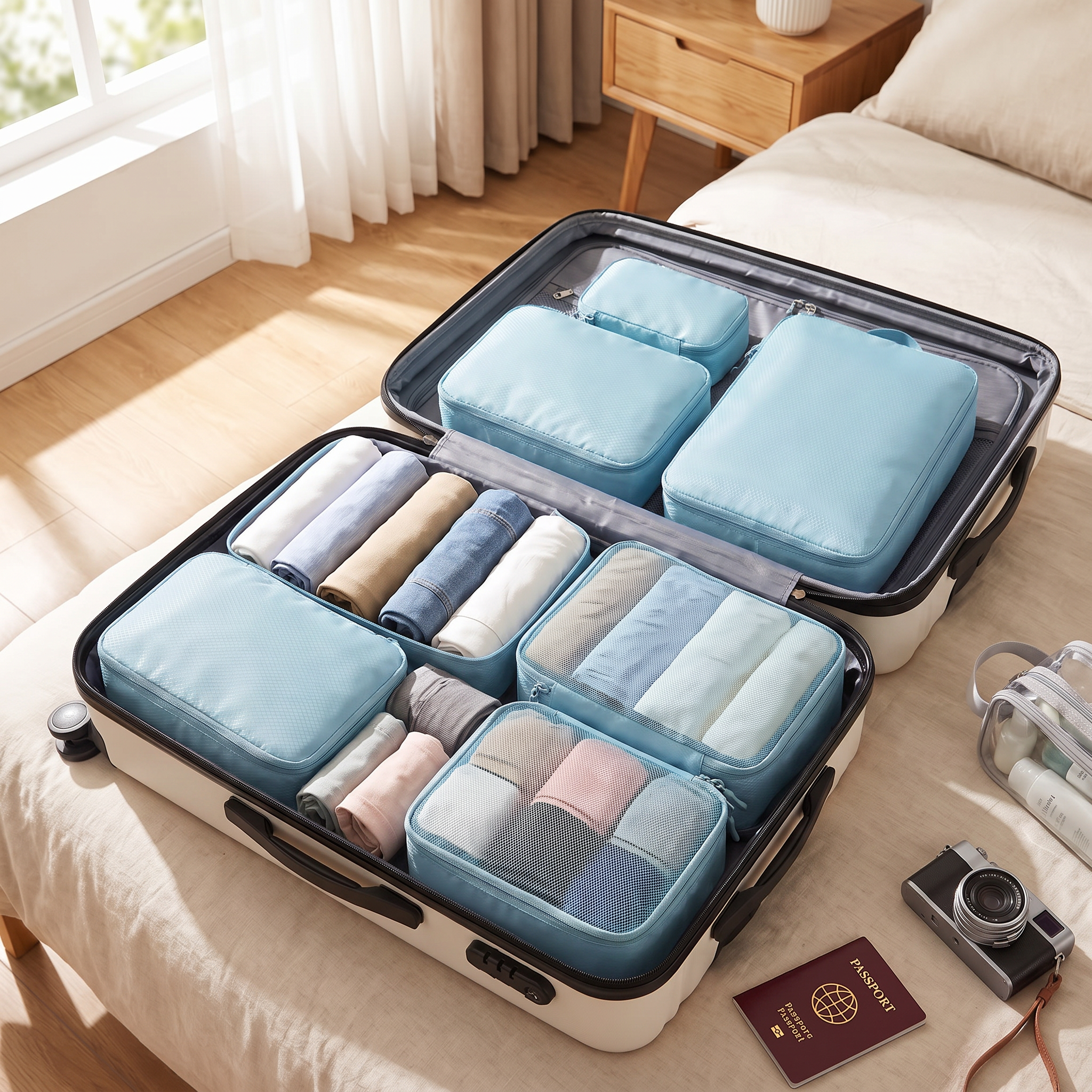 4-piece light blue compression packing cubes set packed