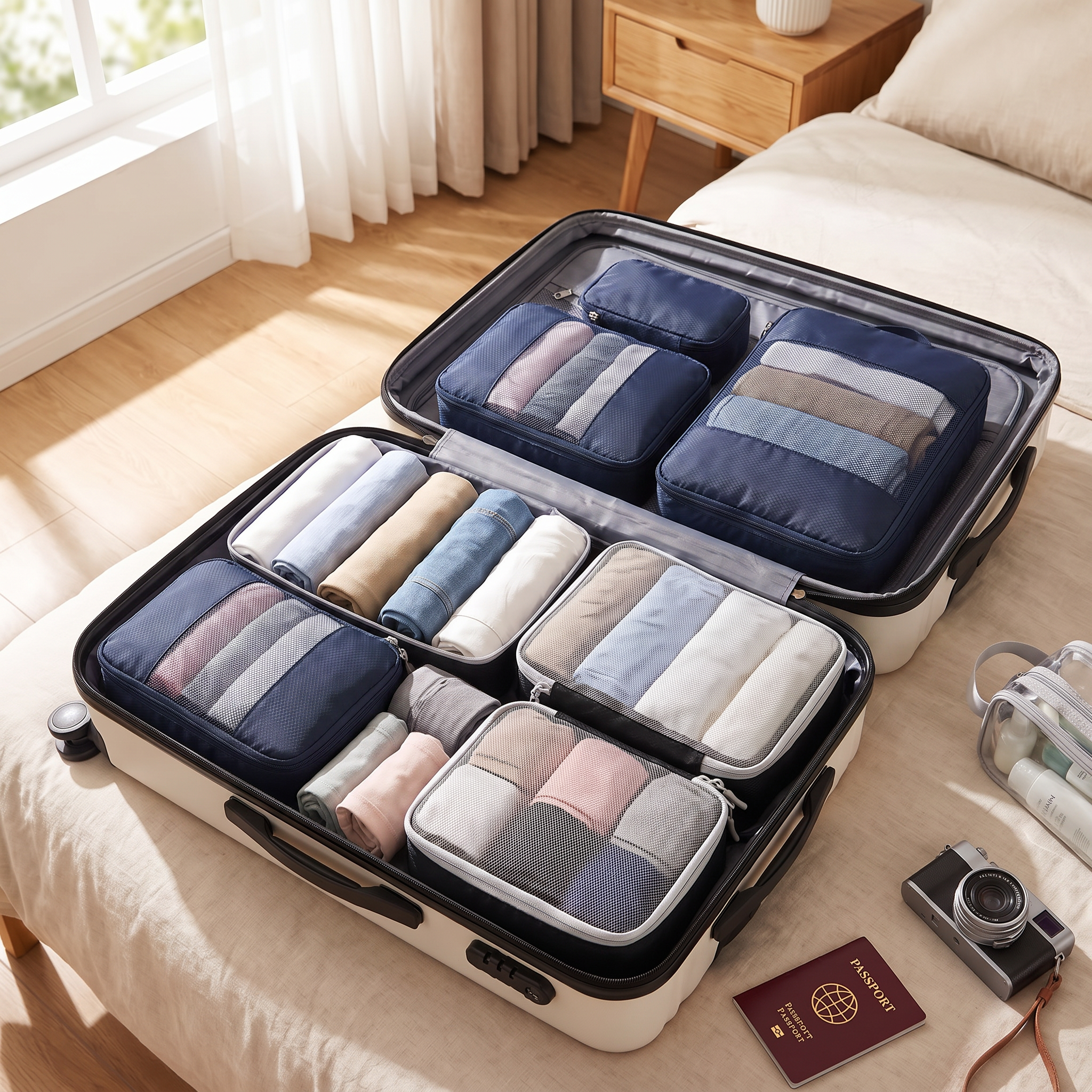 3-piece navy blue compression packing cubes set packed
