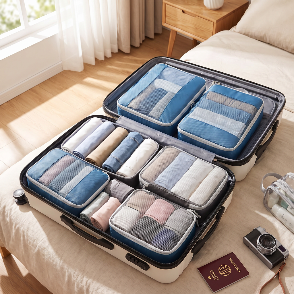 3-piece blue compression packing cubes set packed