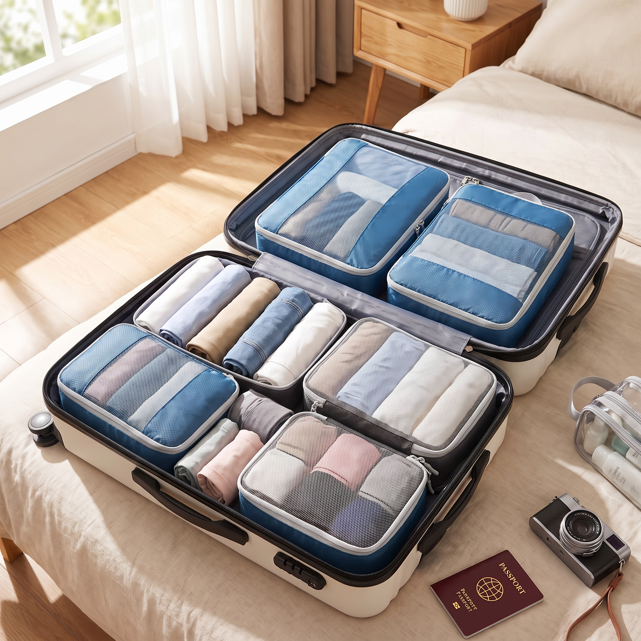 3-piece blue compression packing cubes set packed
