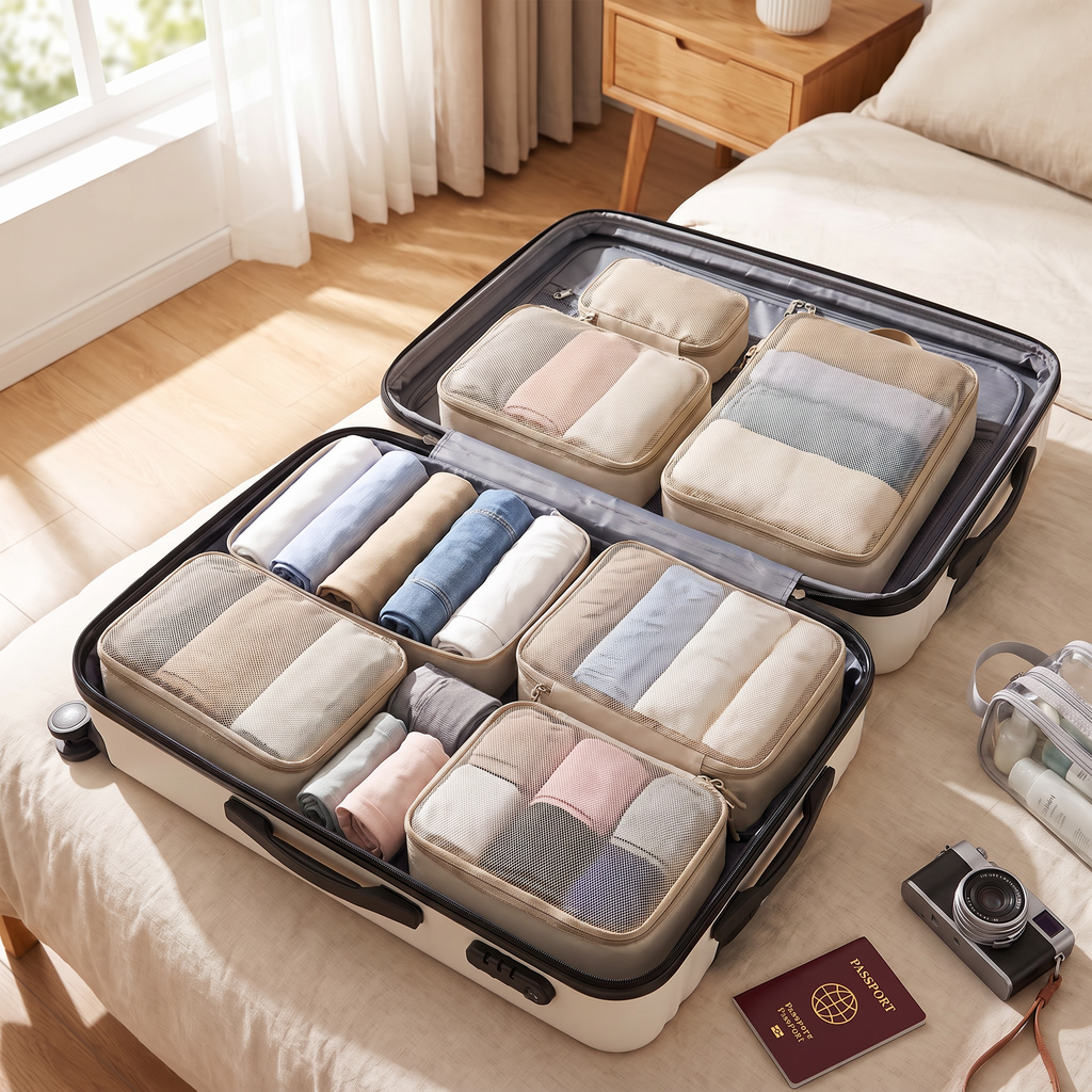 4-piece beige compression packing cubes set packed