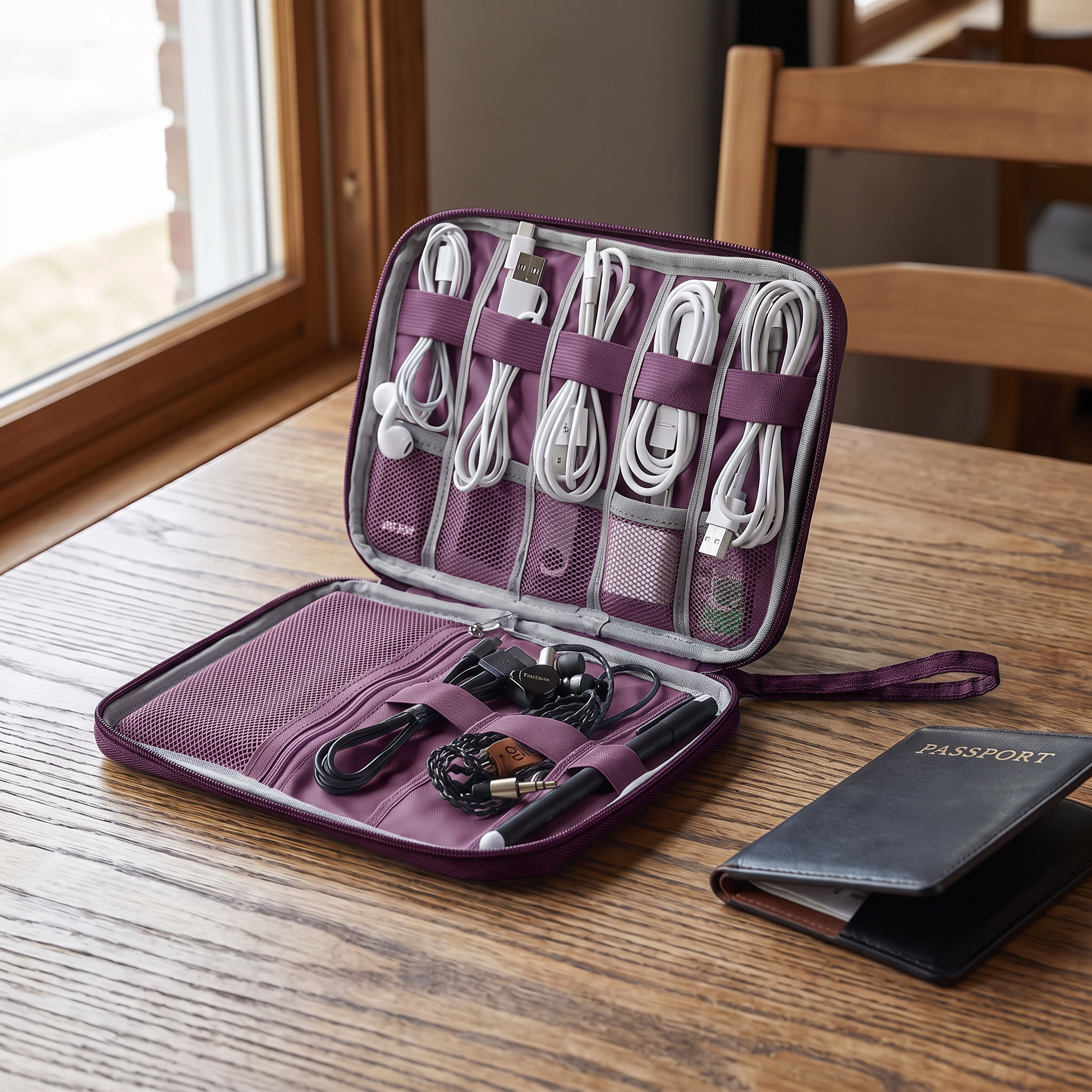 Purple travel cable organizer pouch in real-life use