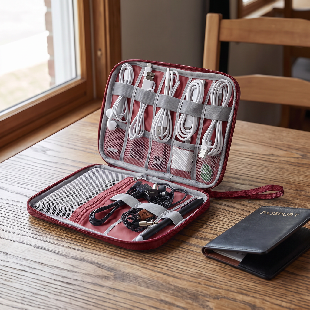 Red travel cable organizer pouch in real-life use