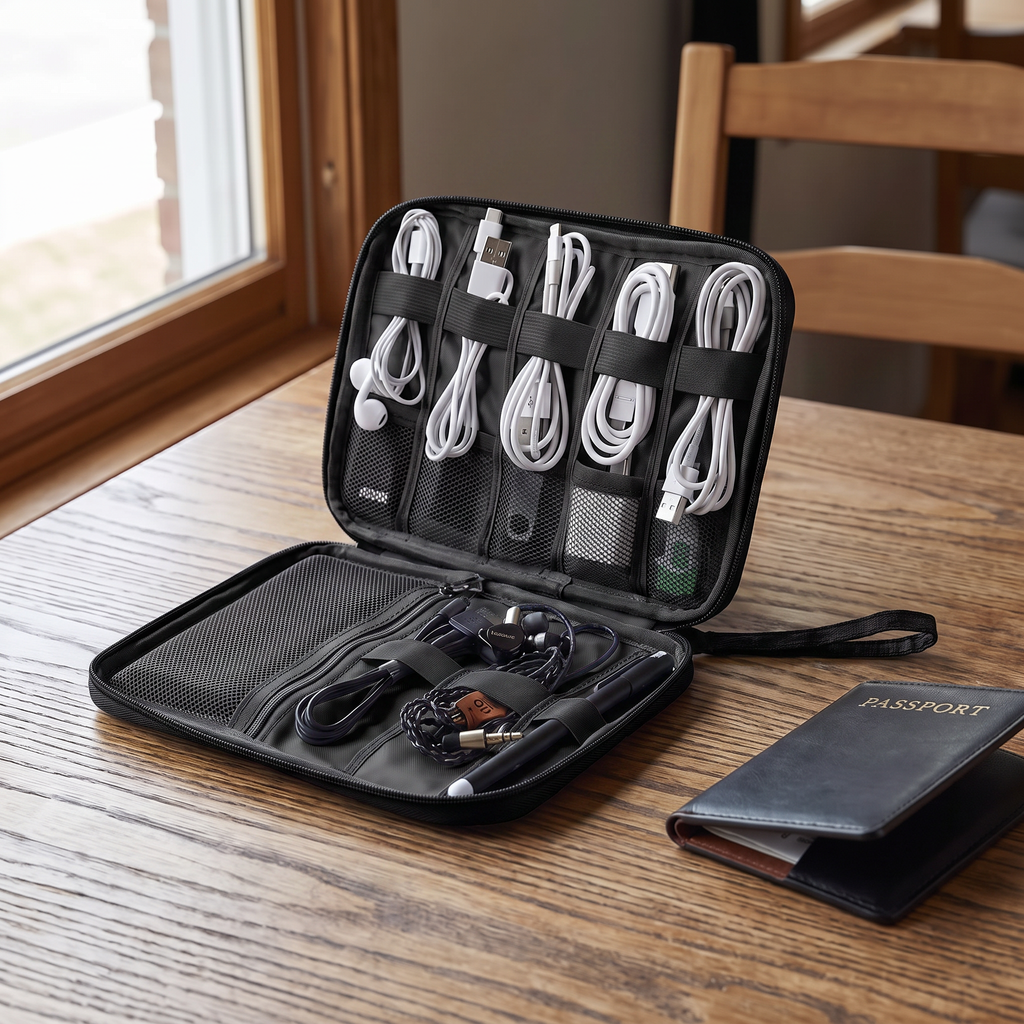 Black travel cable organizer pouch in real-life use