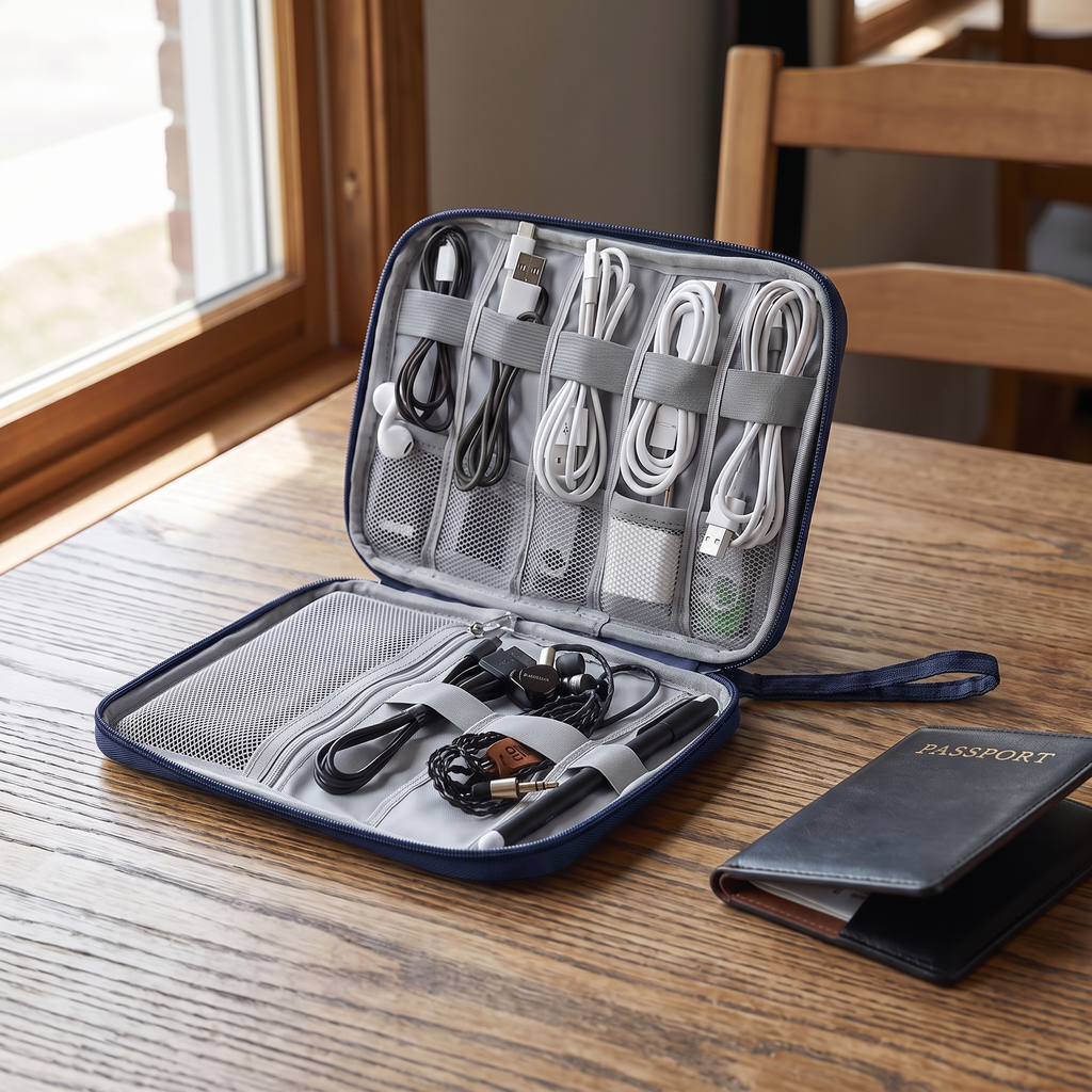 Navy blue travel cable organizer pouch in real-life use