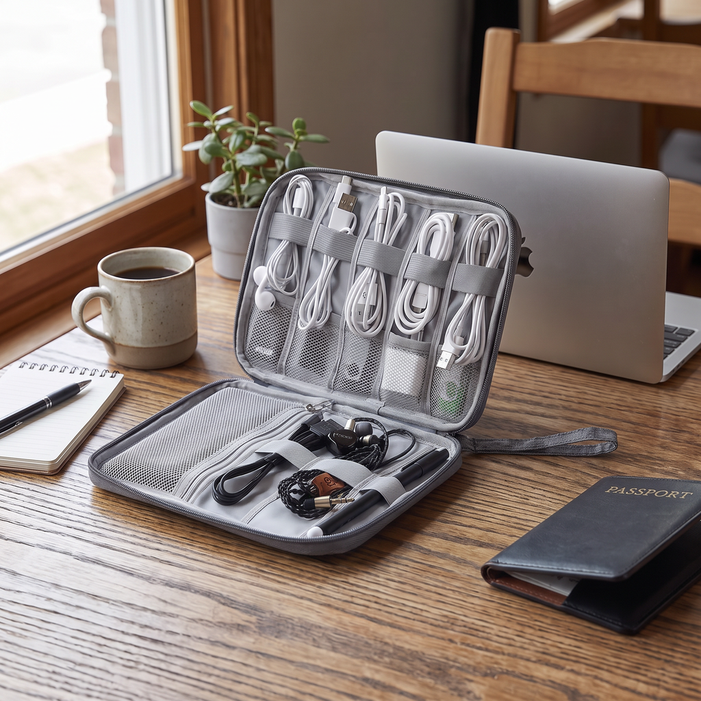 Grey travel cable organizer pouch in real-life use
