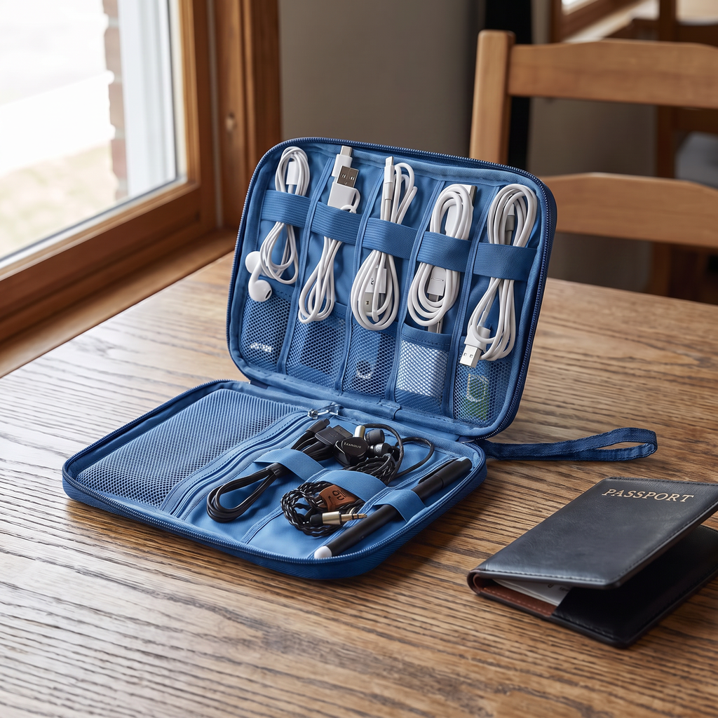 Blue travel cable organizer pouch in real-life use