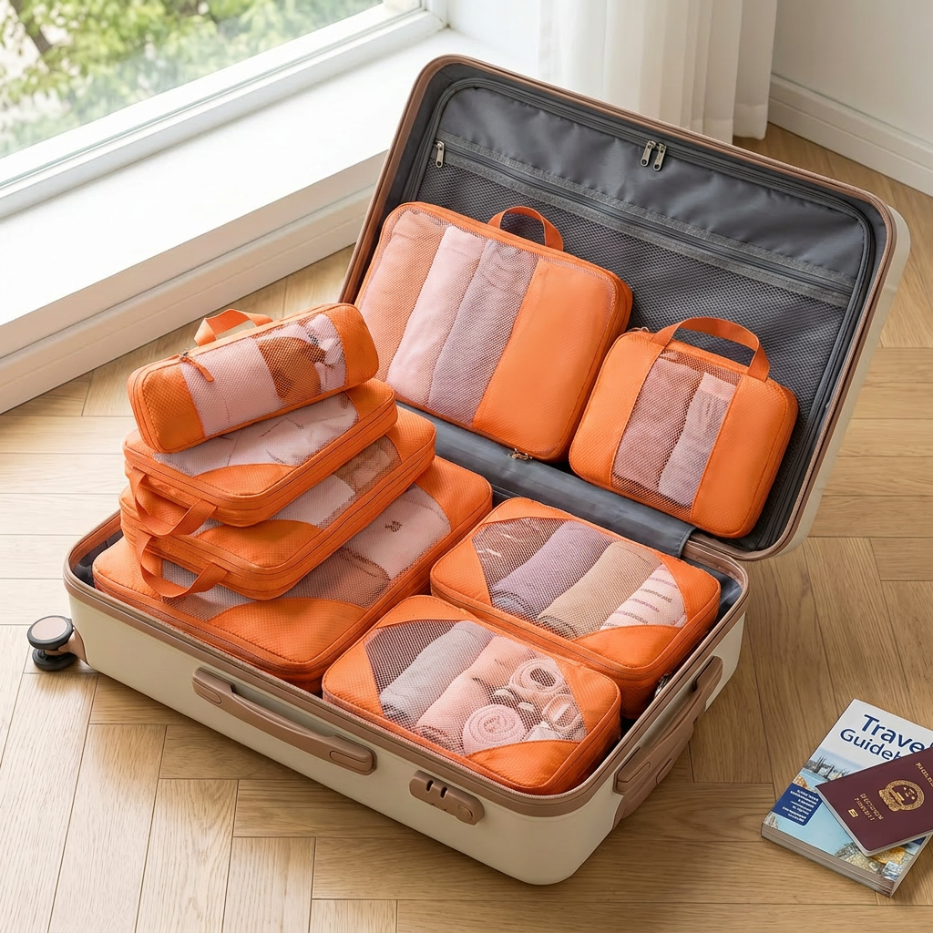 Orange 6-piece packing cube set in real-life use