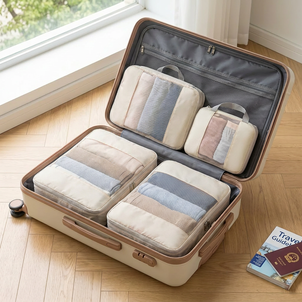 Beige 3-piece packing cube set in real-life use