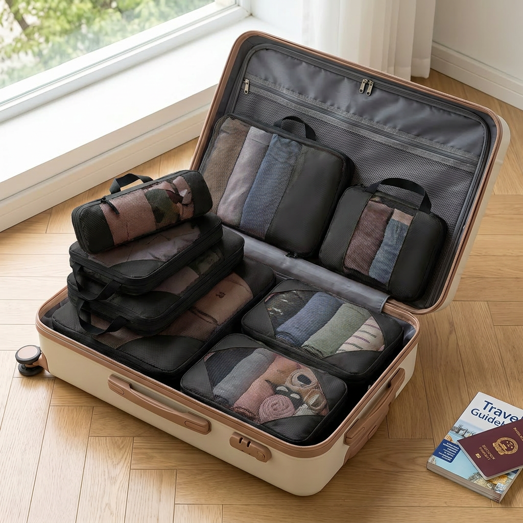 Black 4-piece packing cube set in real-life use