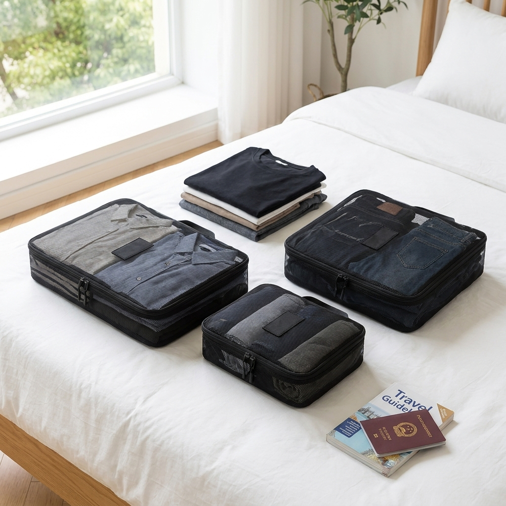 Black 3-piece packing cube set in real-life use