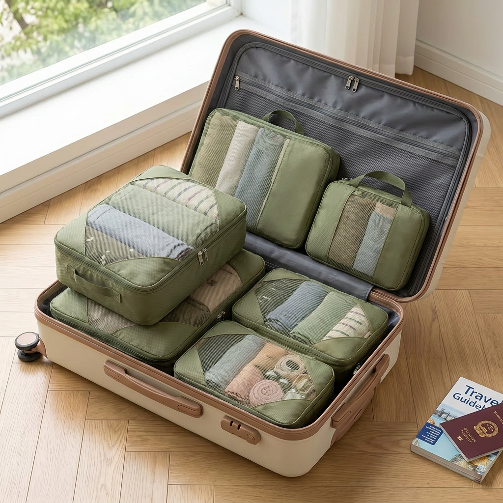 Green 3-piece packing cube set in real-life use