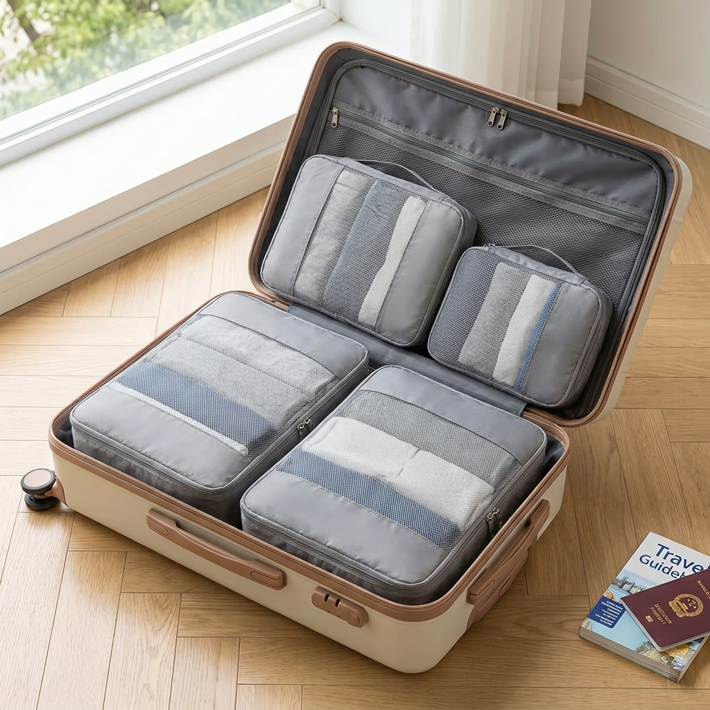 Grey 3-piece packing cube set in real-life use