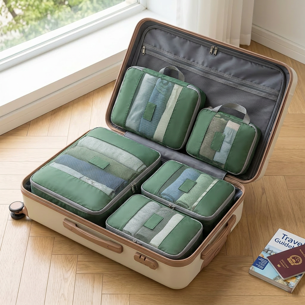 Green 4-piece packing cube set in real-life use