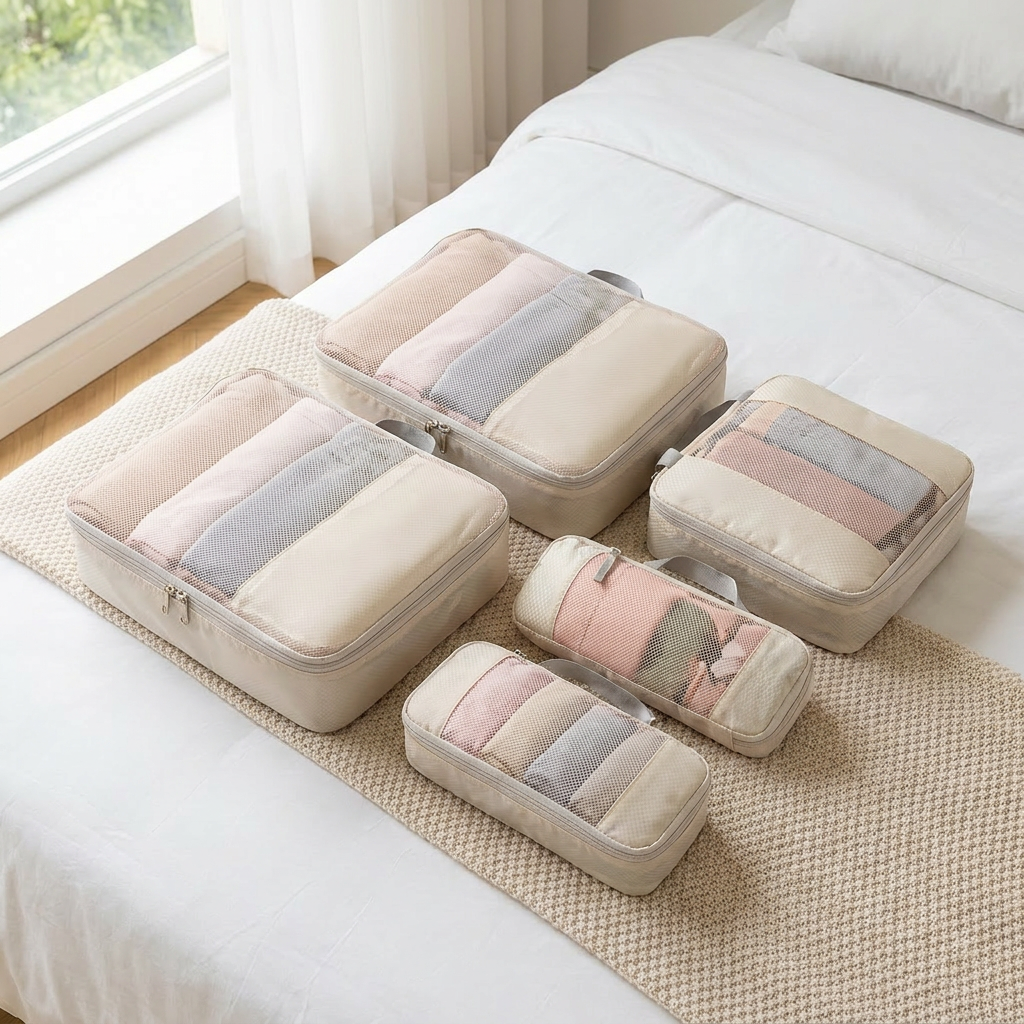 Beige 4-piece packing cube set in real-life use